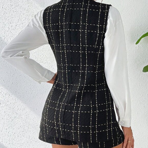 Fall Stylish Plaid Double Breasted Tweed Vest Blazer & Shorts - Picture 3 of 8